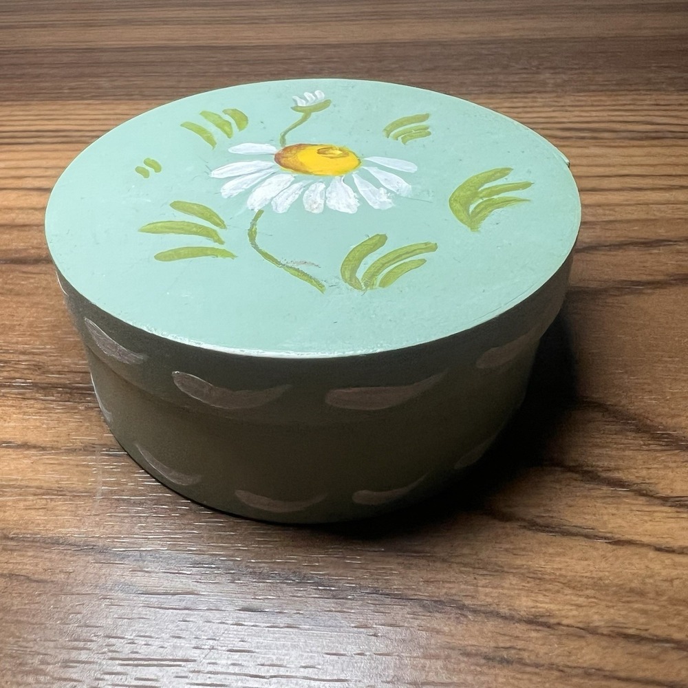 Hand Painted Small Round Paper clip, Trinket Holder Box Daily Floral Blue VTG